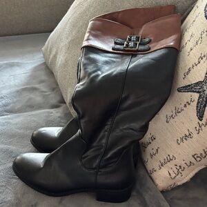 Sugar Two-Tone Black and Brown Over-the-Knee Buckle Boots